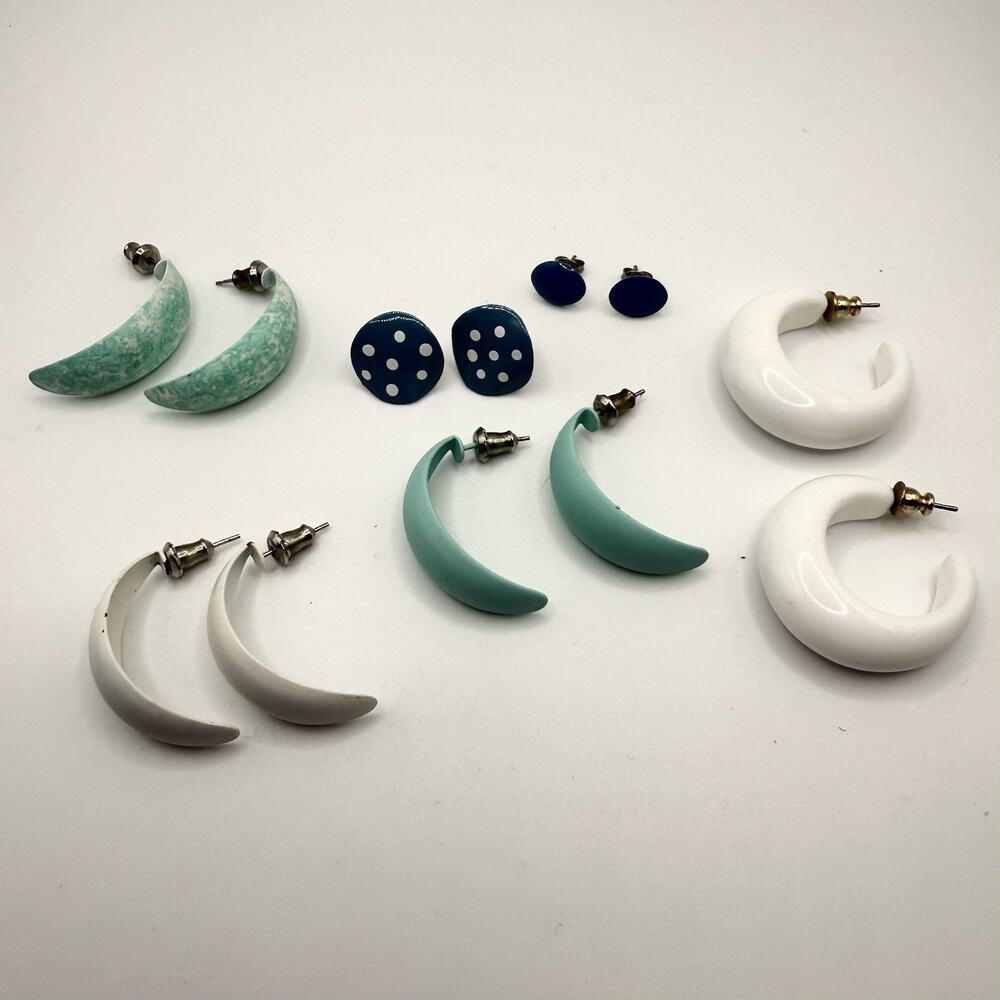 Vintage Earring Lot Six Pairs Pierced Aqua Blue‎ White 80s 90s Preppy